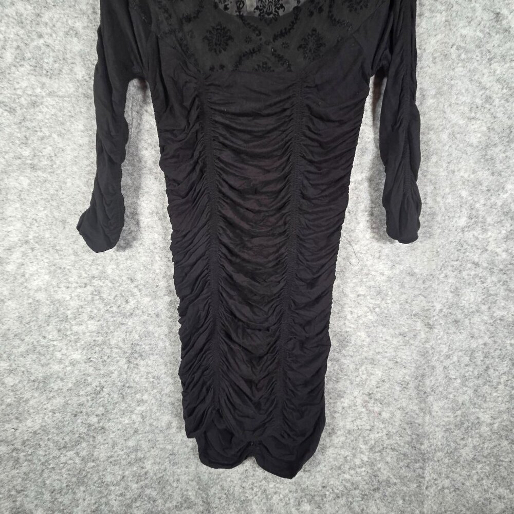 Free People Bodycon Dress Long Sleeve Mini  Rouching Mesh Detail Black Size S - Picture 6 of 8